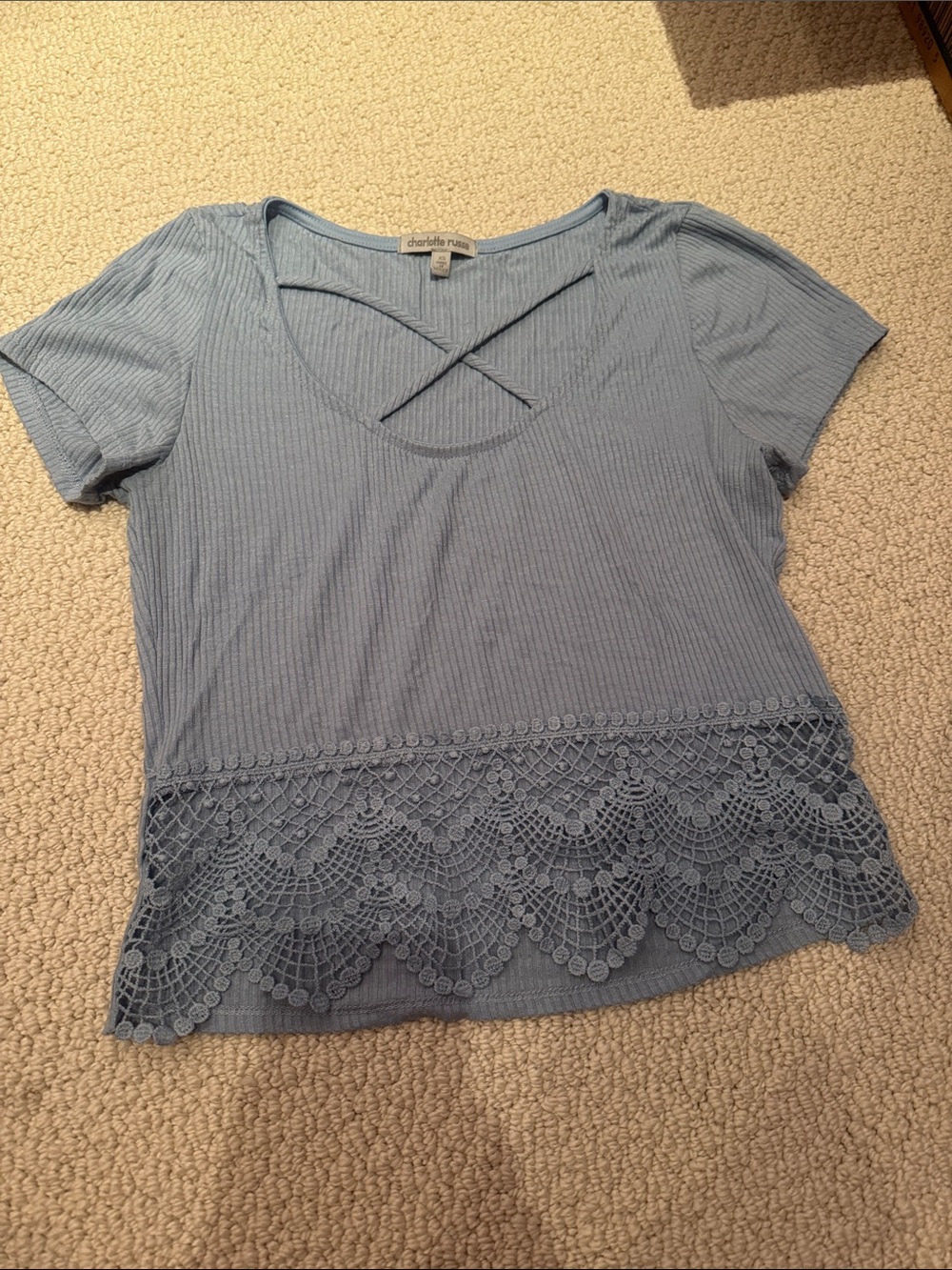 Charlotte Russe Light Blue Ribbed Short Sleeve Top with Lace Hem